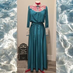 Vintage 70s/80s teal lace Bridgerton maxi dress gown